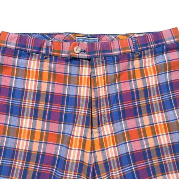Peter Millar Mens Golf Shorts 34 Blue Orange Plaid Cotton Flat Front 9" Inseam - Picture 5 of 6